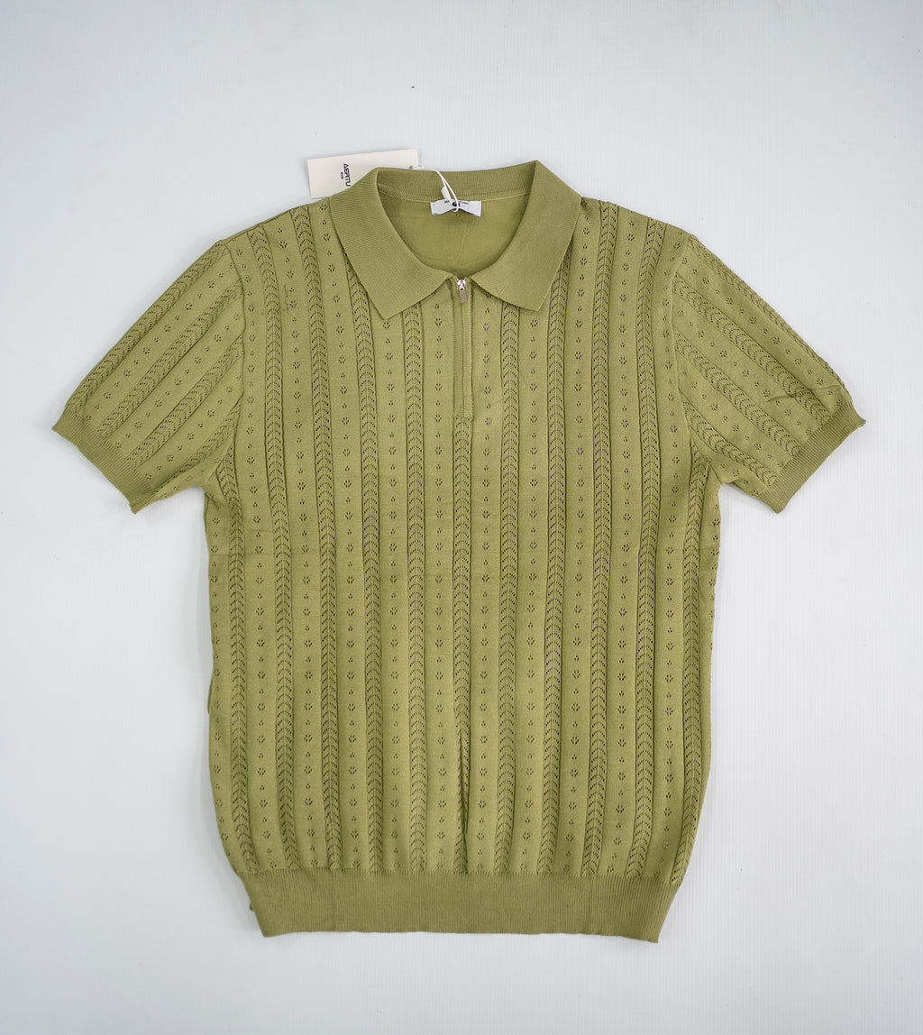 Textured Open-Knit Quarter-Zip Polo - Sage Green