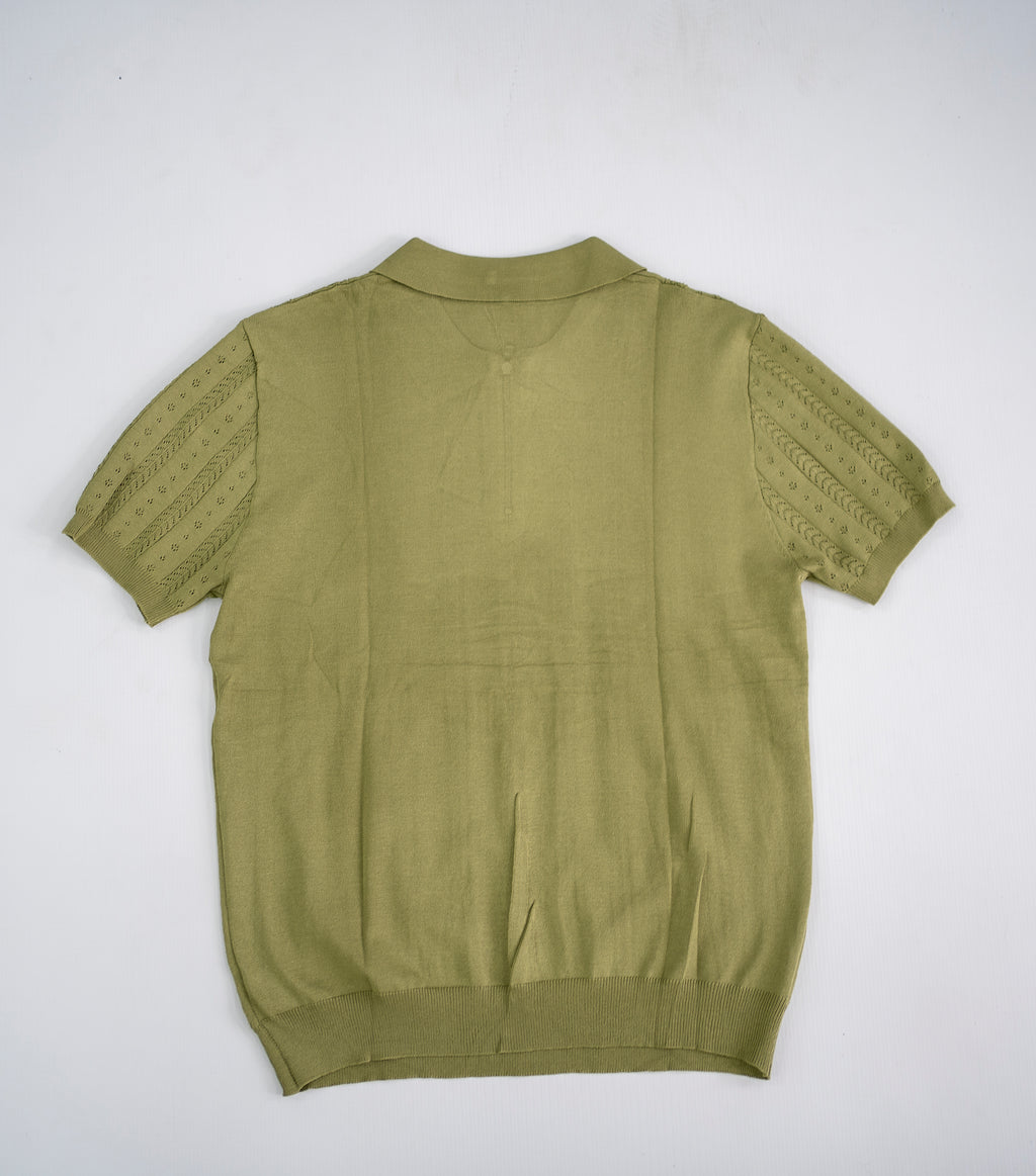 Textured Open-Knit Quarter-Zip Polo - Sage Green
