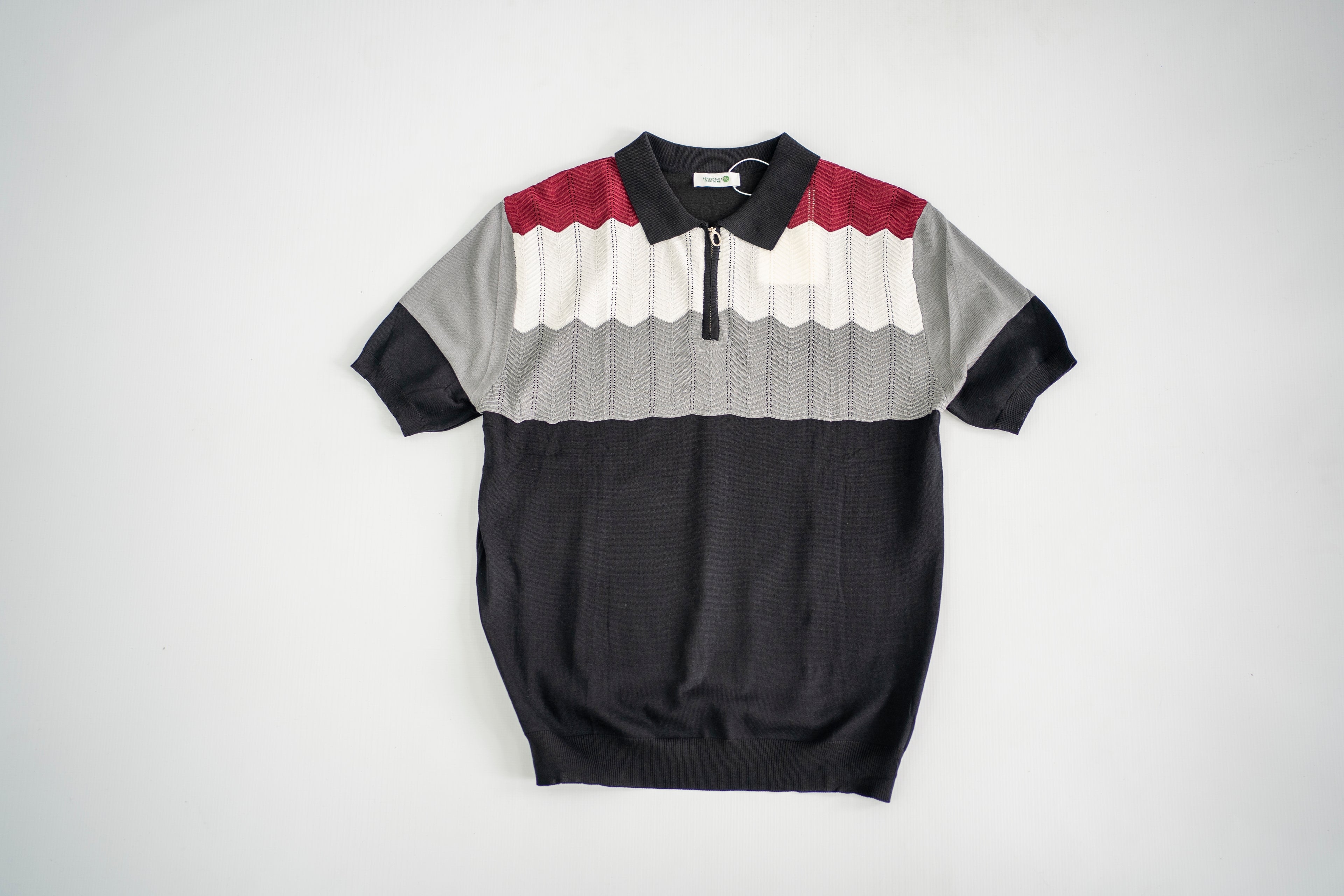 Chevron Colorblock Quarter-Zip Knit Polo - Navy/Burgundy