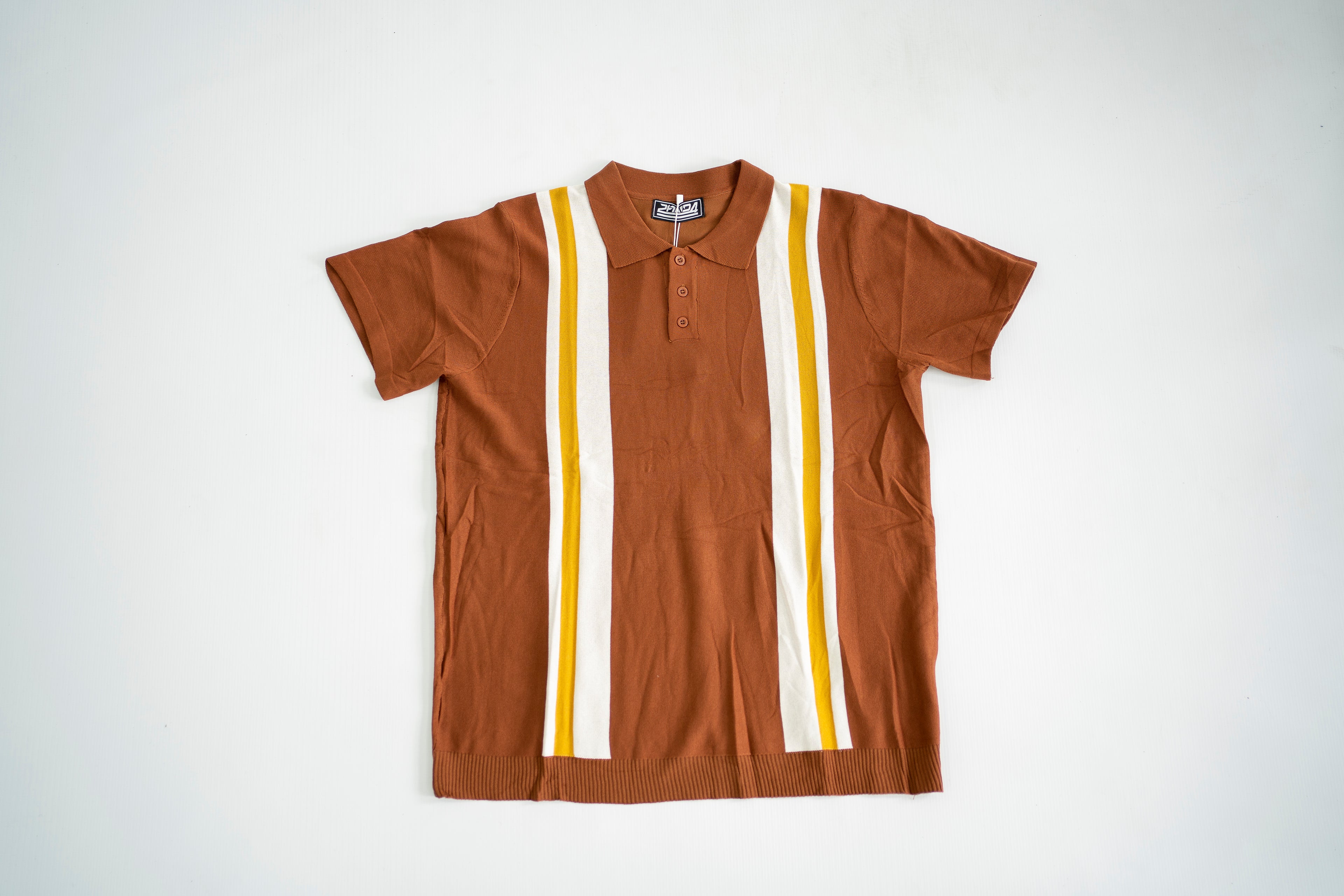 Retro Vertical Stripe Knit Polo - Rust/Ochre