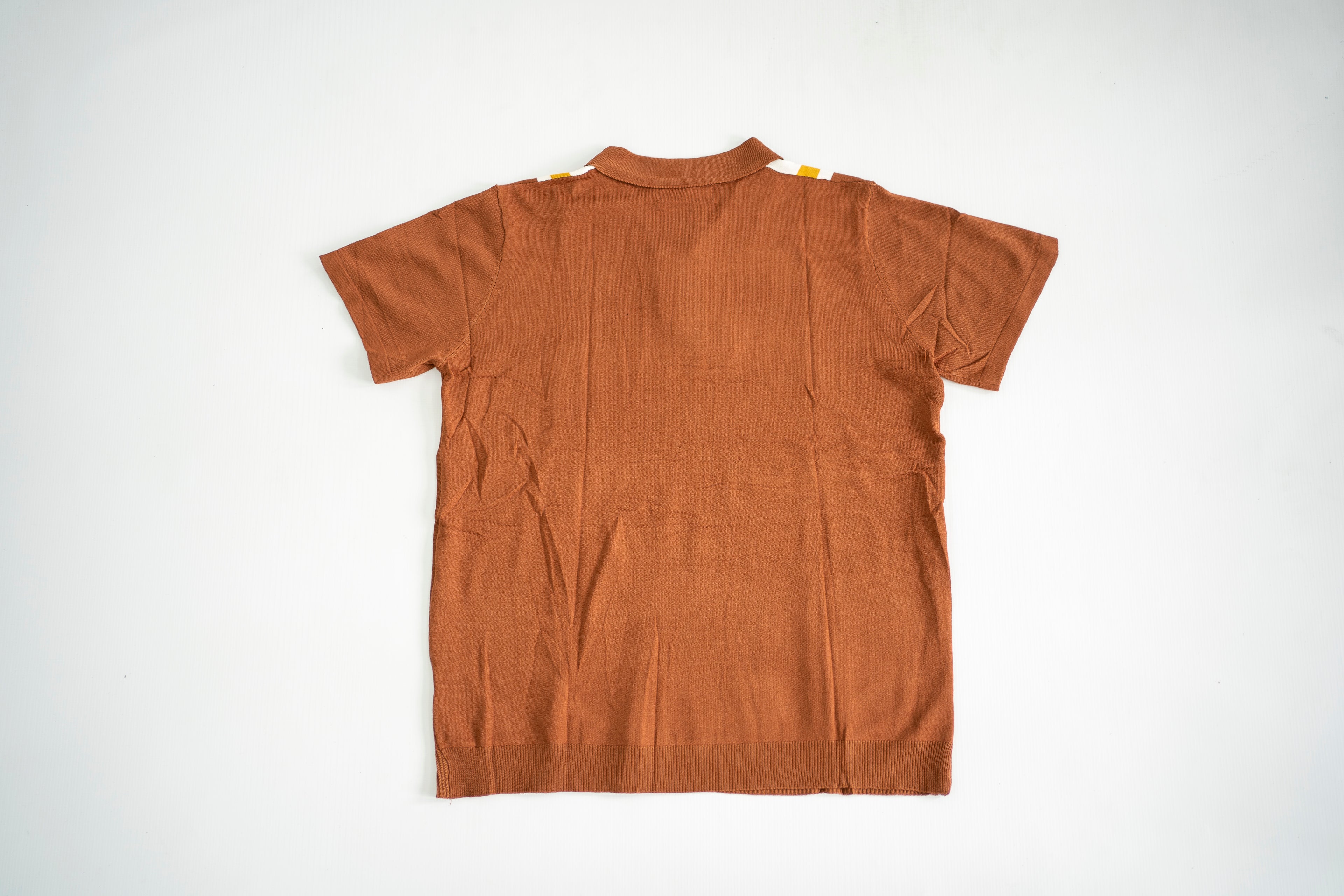 Retro Vertical Stripe Knit Polo - Rust/Ochre