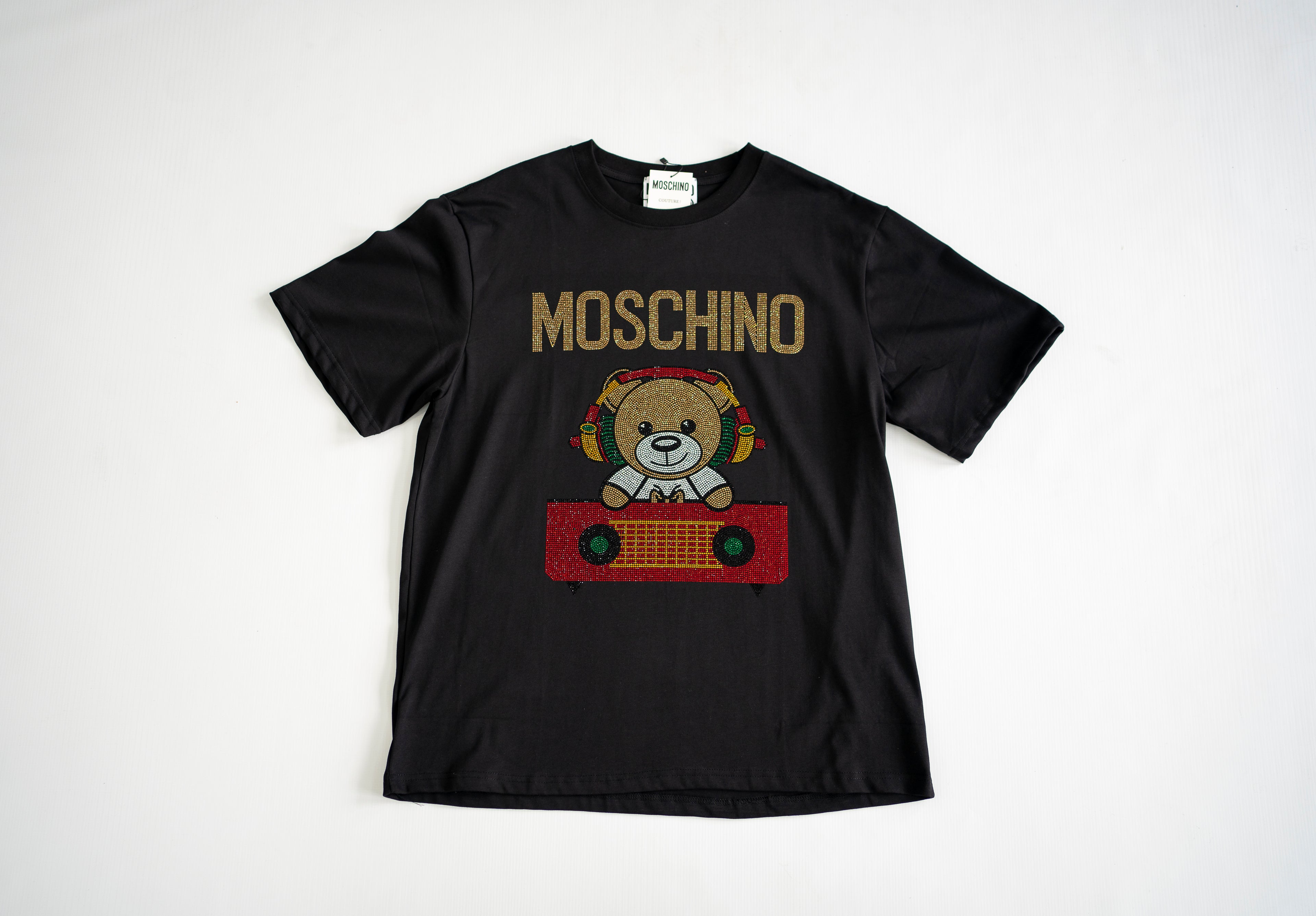 Moschino DJ Teddy Bear Crystal Graphic Tee - Black
